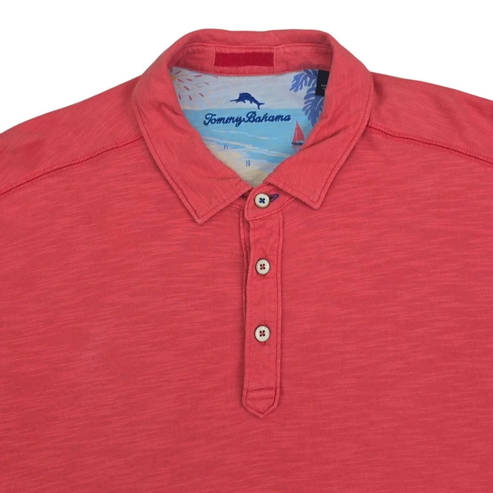 Tommy Bahama Emfielder Polo Mens Large Coral Pink 100% Pima Cotton Slub Texture